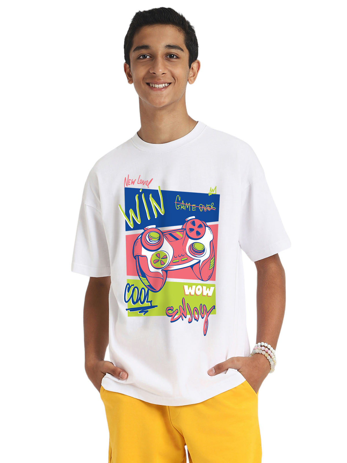 New Level Win White Oversized Graphic Printed Boys T-shirt