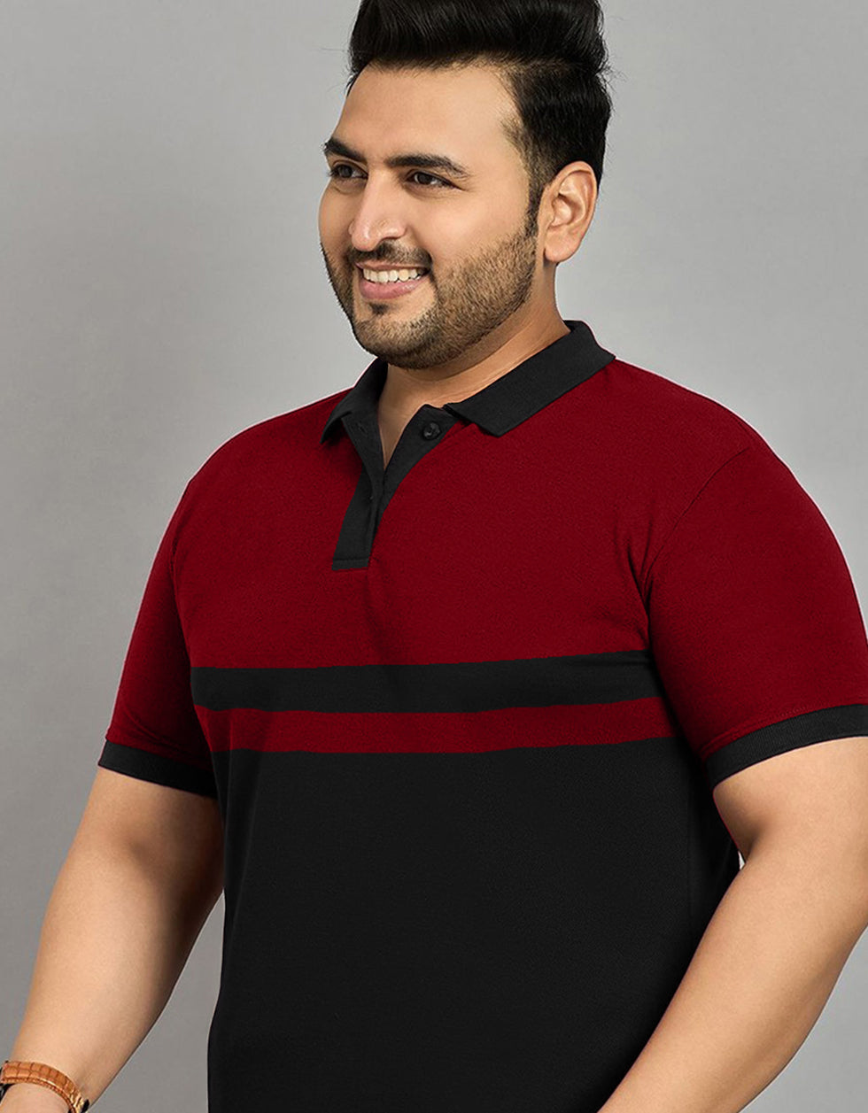 Maroon And Black Striped Plus Size Polo T-shirt