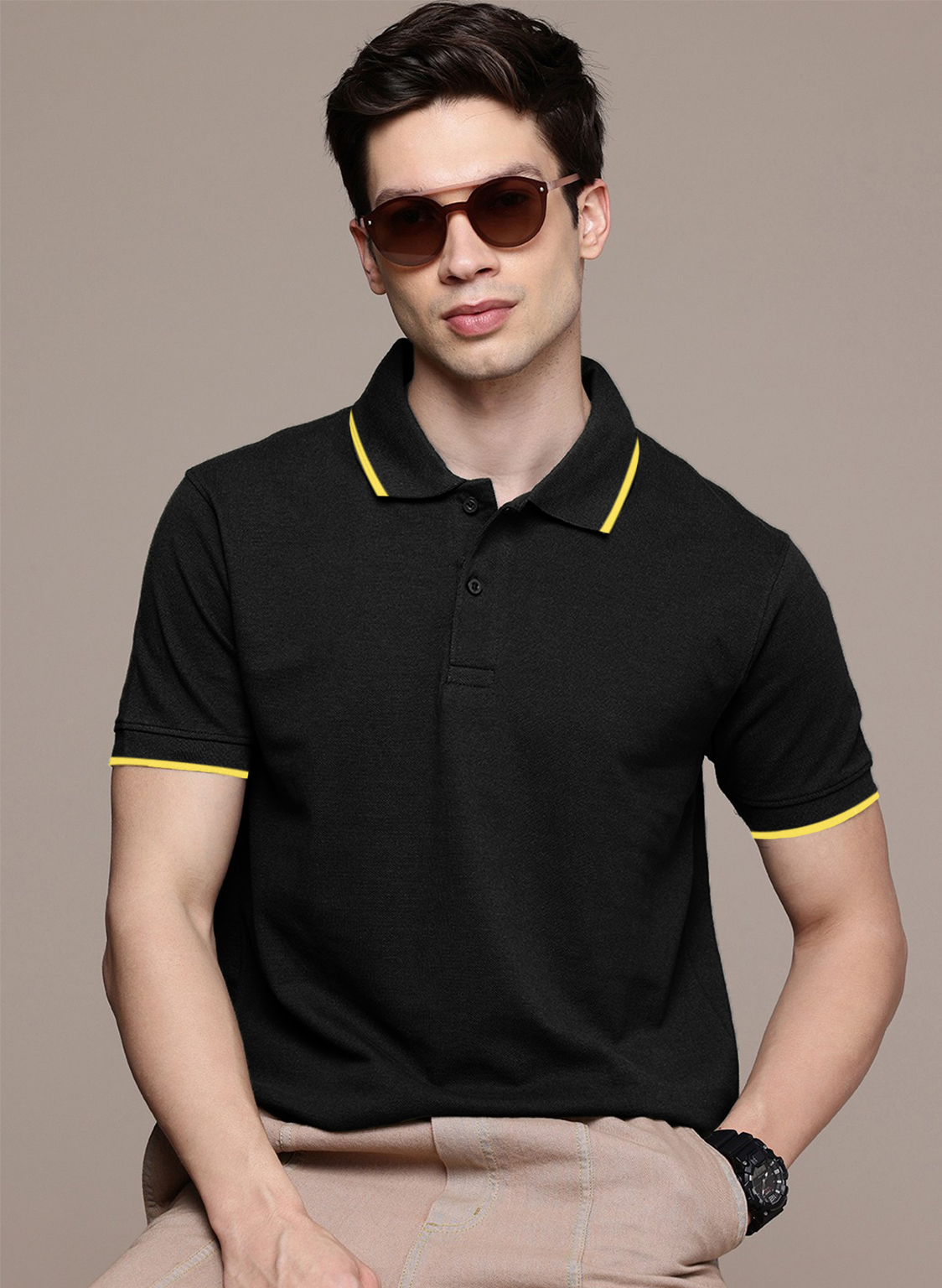 Black Pique Stripe Collar Regular Fit Tipping Polo T-shirt