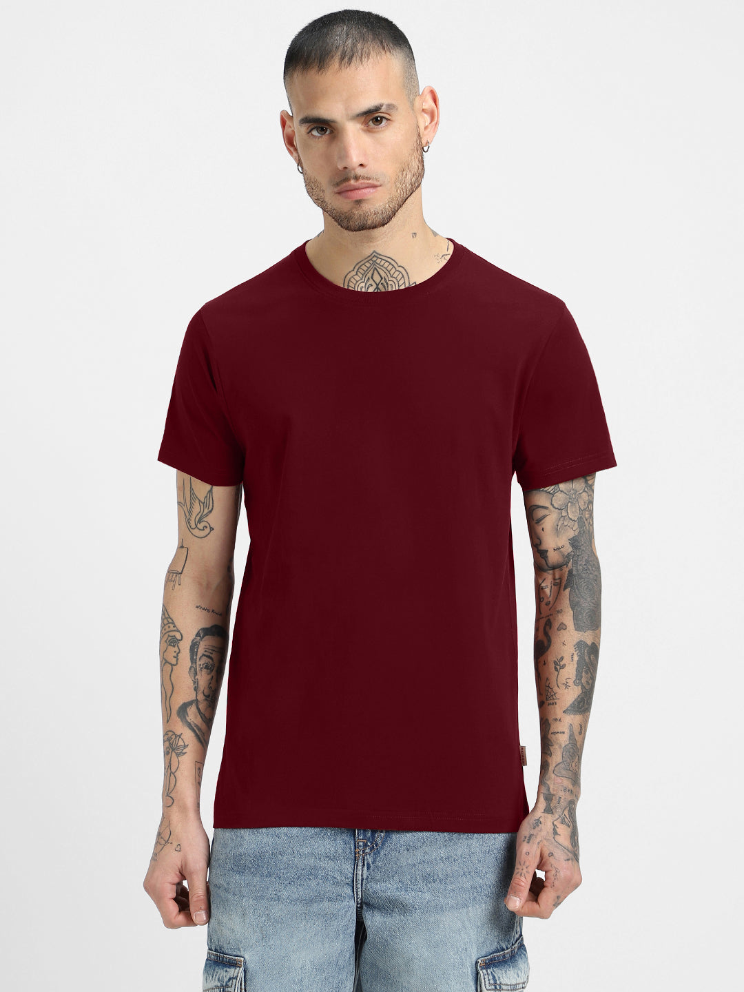 Maroon Plain Regular Fit T-shirt