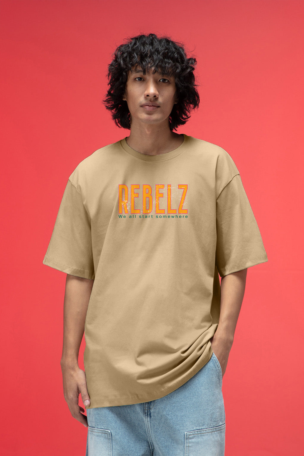 Rebelz Beige Oversized Graphic Printed Exclusive T-shirt