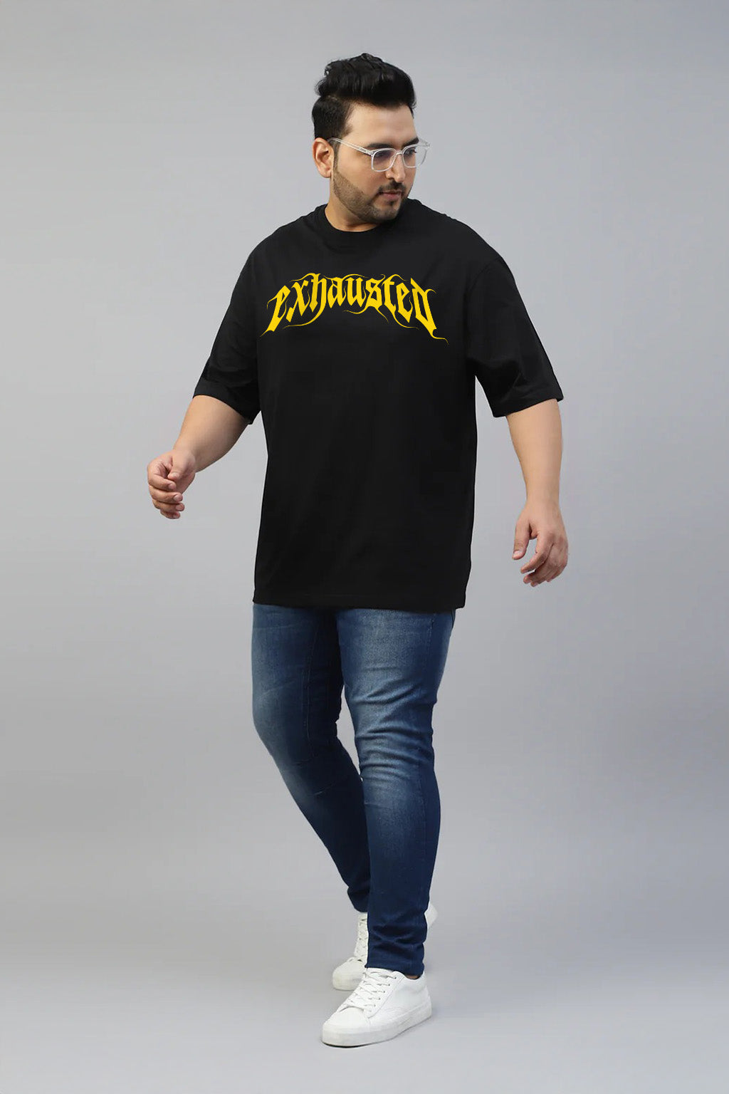 Exhausted Black Graphic Printed Plus Size T-shirt
