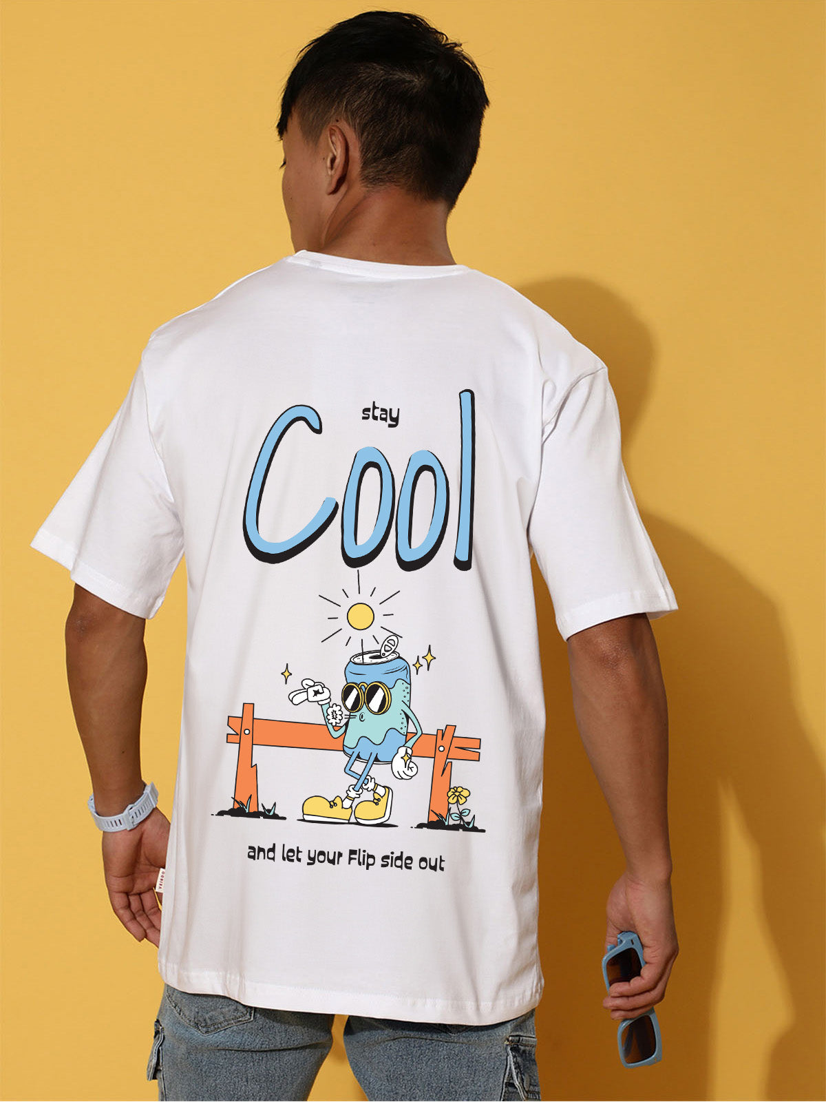 STAY COOL Oversized White Graphic Printed T-shirt
