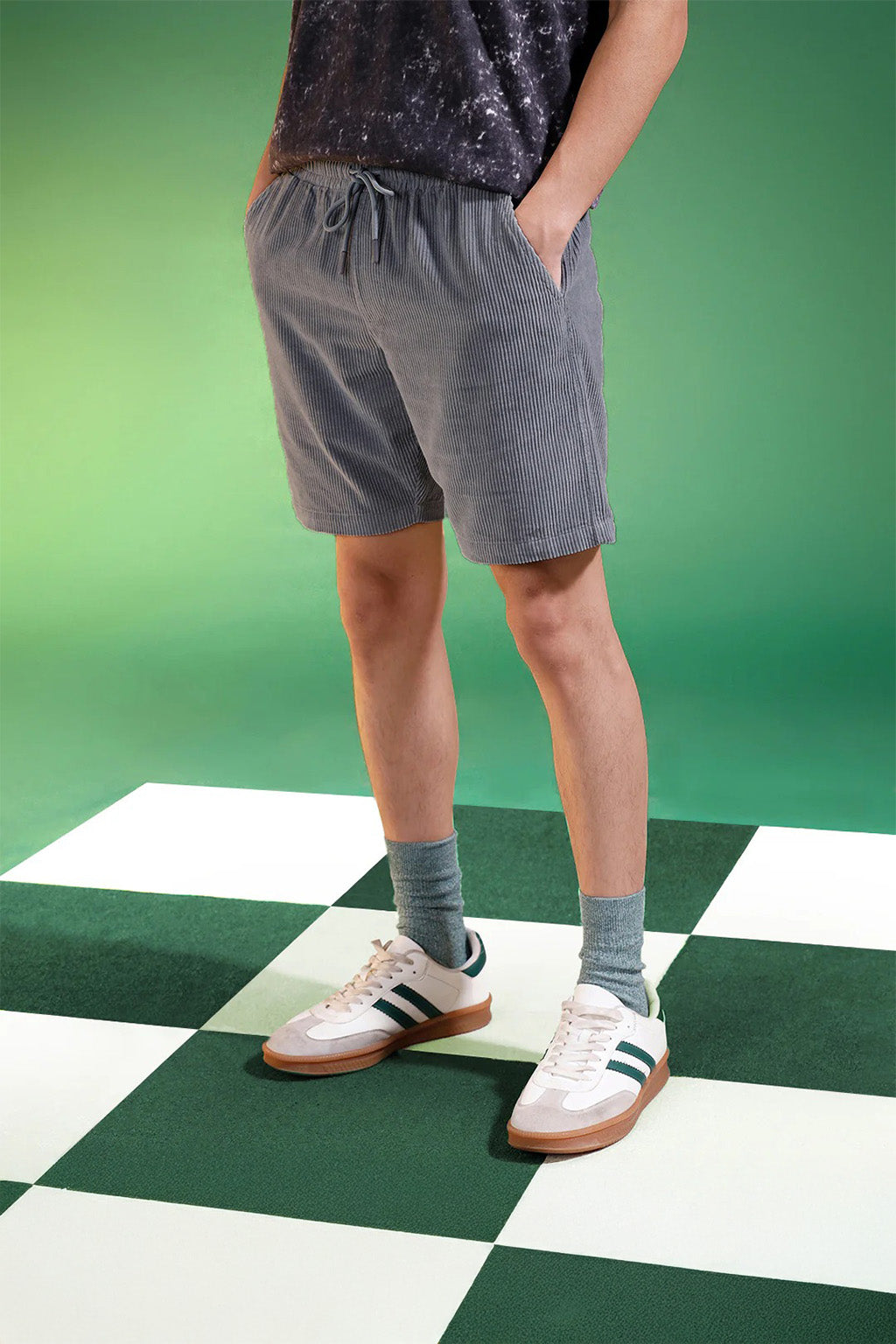 Dark Grey Lining Pattern Plain Corduroy Shorts
