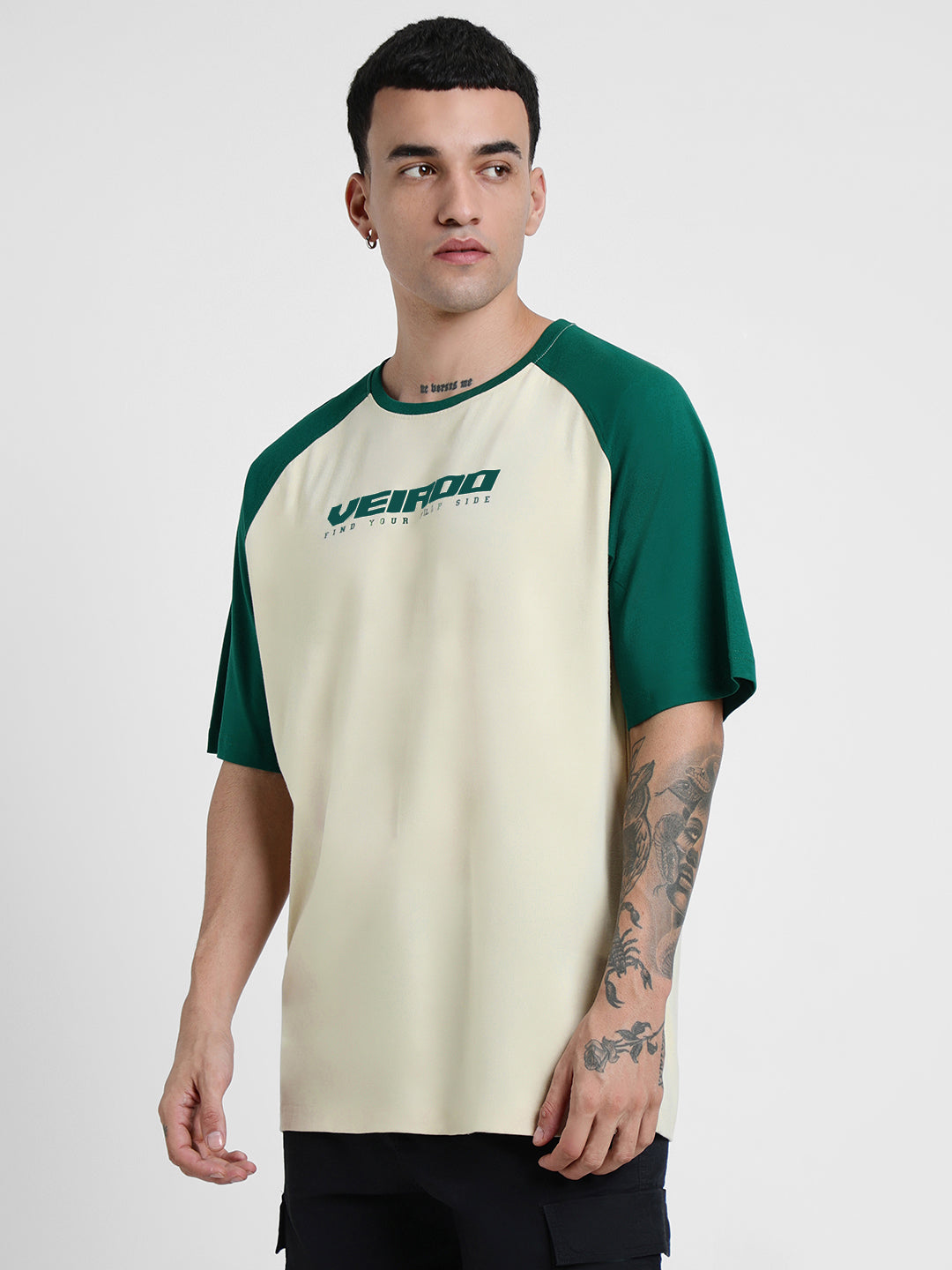 Swanwhite-Bottle Green Raglan Oversized Typography Printed T-shirt