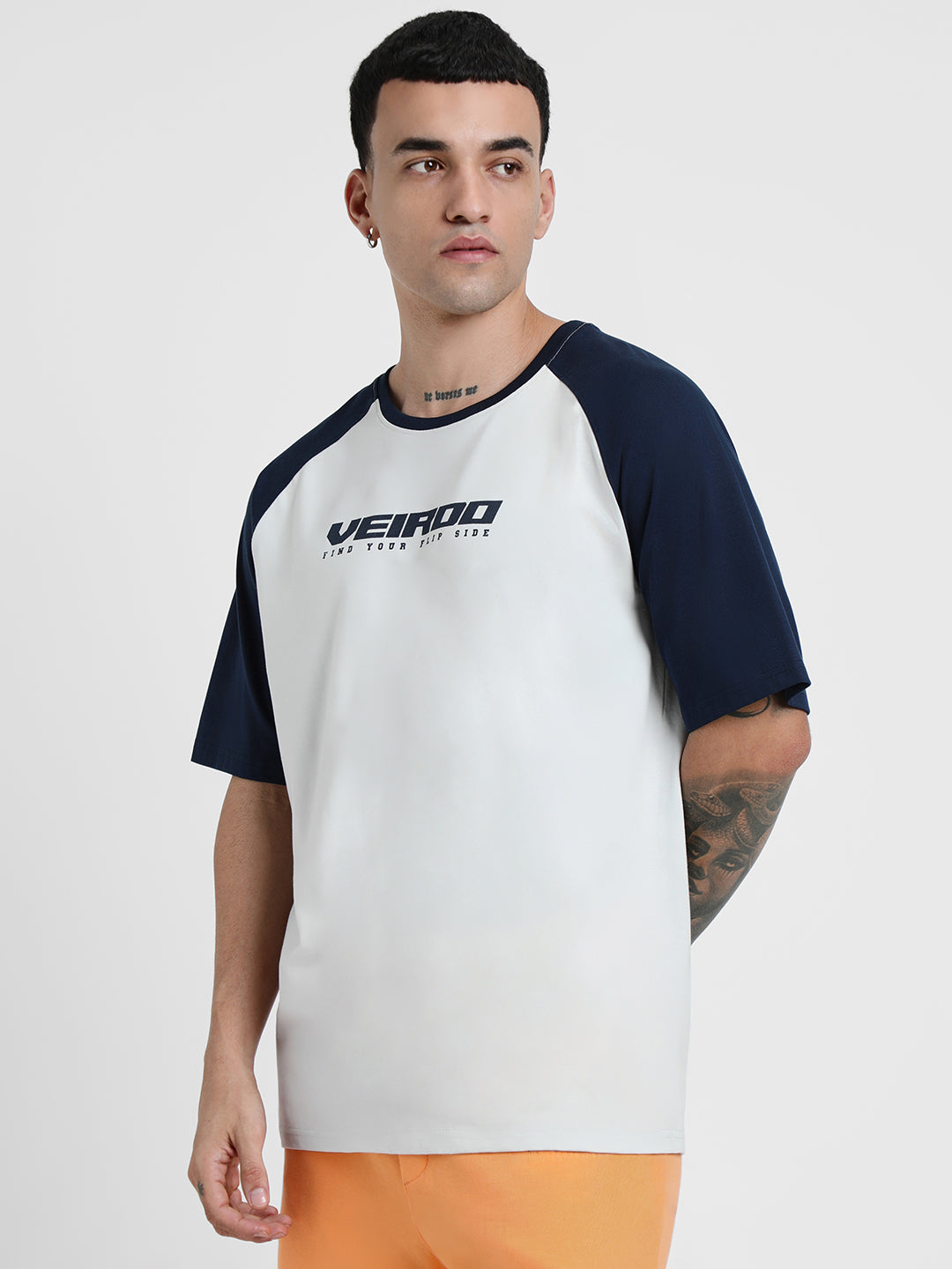 Grey-Navy Raglan Oversized Typography Printed T-shirt
