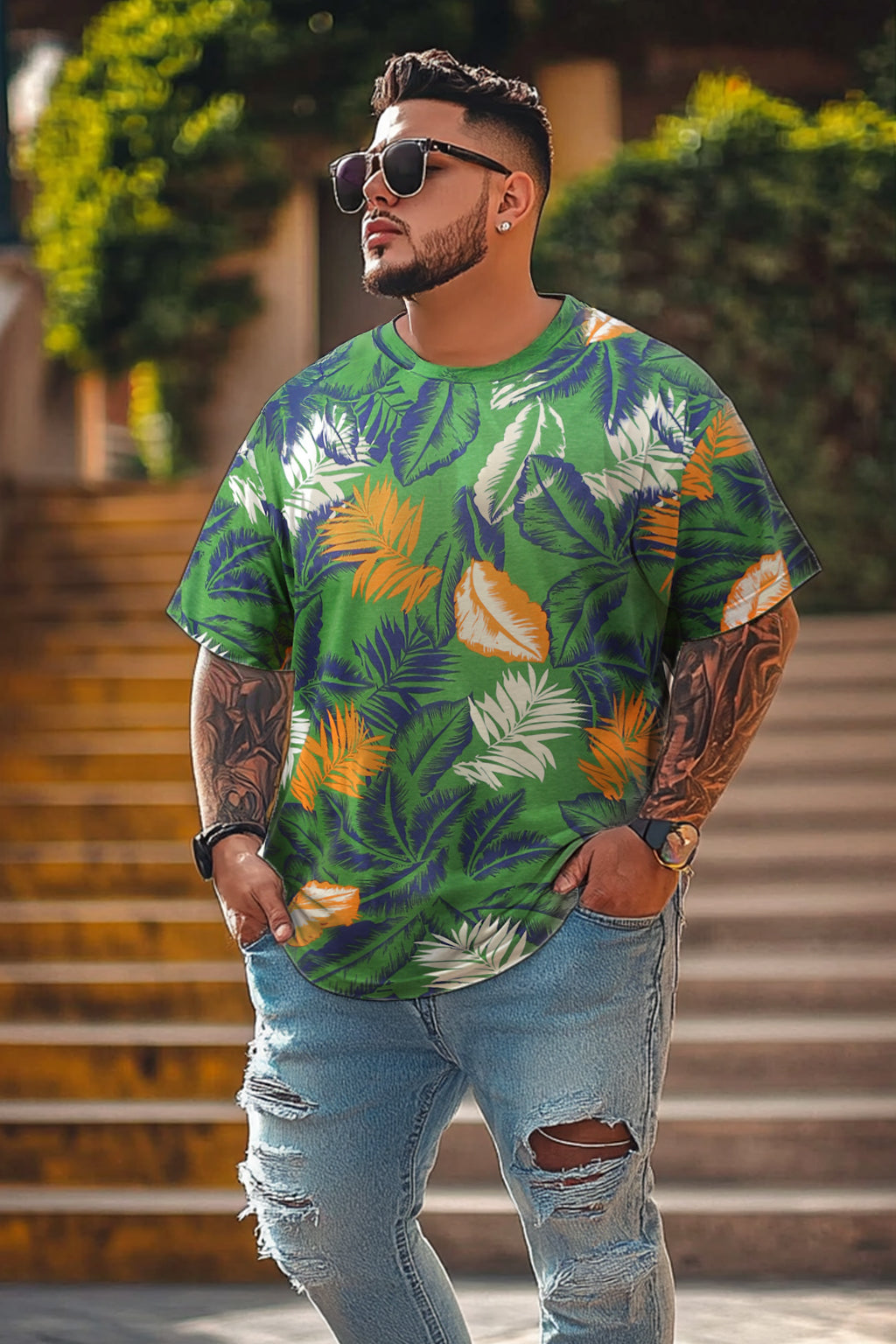 Green Palm leaf Floral All Over Printed Plus Size T-shirt