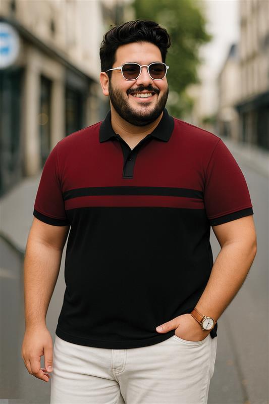 Maroon And Black Striped Plus Size Polo T-shirt