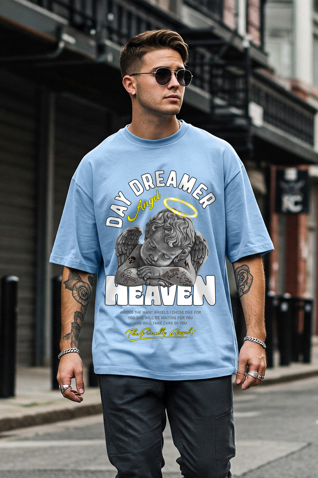Heaven Blue Oversized Chest Graphic Printed T-shirt
