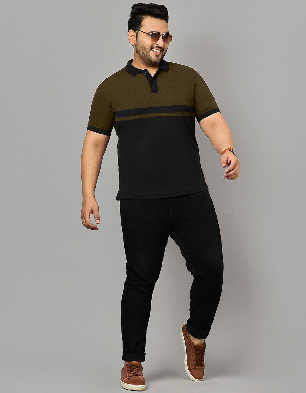 Olive And Black Striped Plus Size Polo T-shirt