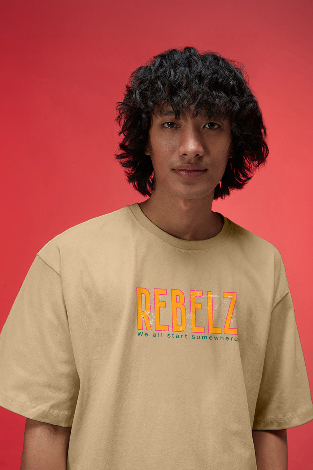 Rebelz Beige Oversized Graphic Printed Exclusive T-shirt