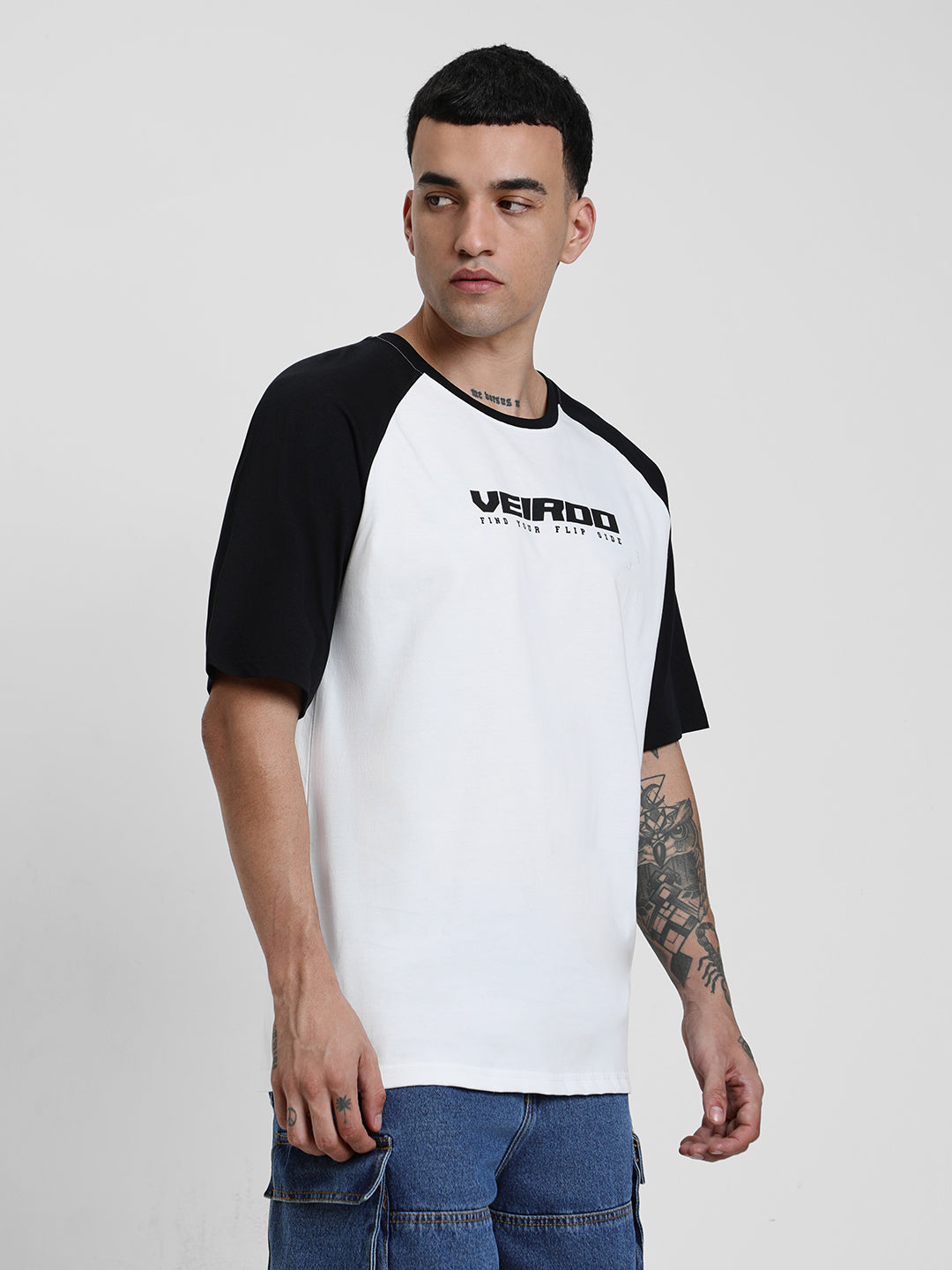 White-Black Raglan Oversized Typography Printed T-shirt