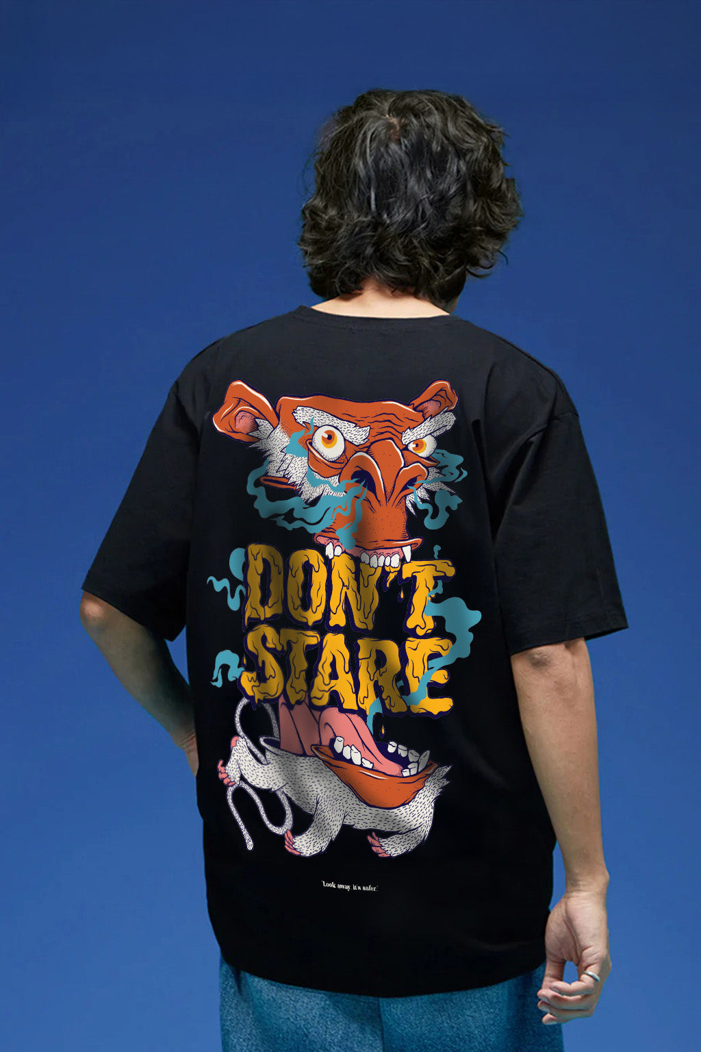 Don't Stare Black Oversized Graphic Printed Exclusive T-shirt