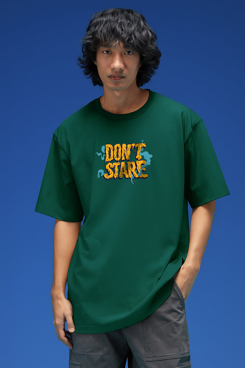 Don't Stare Green Oversized Puff Printed Exclusive T-shirt