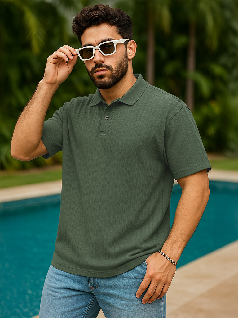 Olive Textured Plain Regular Fit Button Polo Exclusive T-shirt