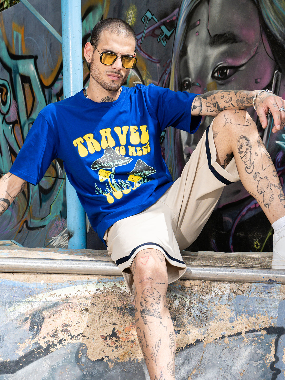 Travel Blue Oversized Chest Graphic Printed T-shirt