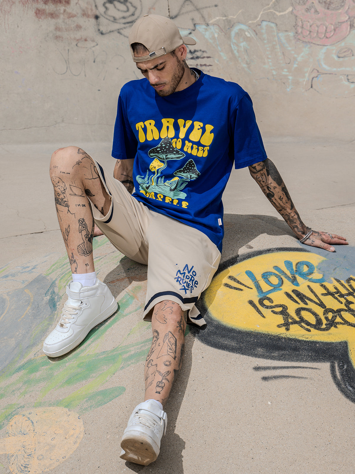 Travel Blue Oversized Chest Graphic Printed T-shirt