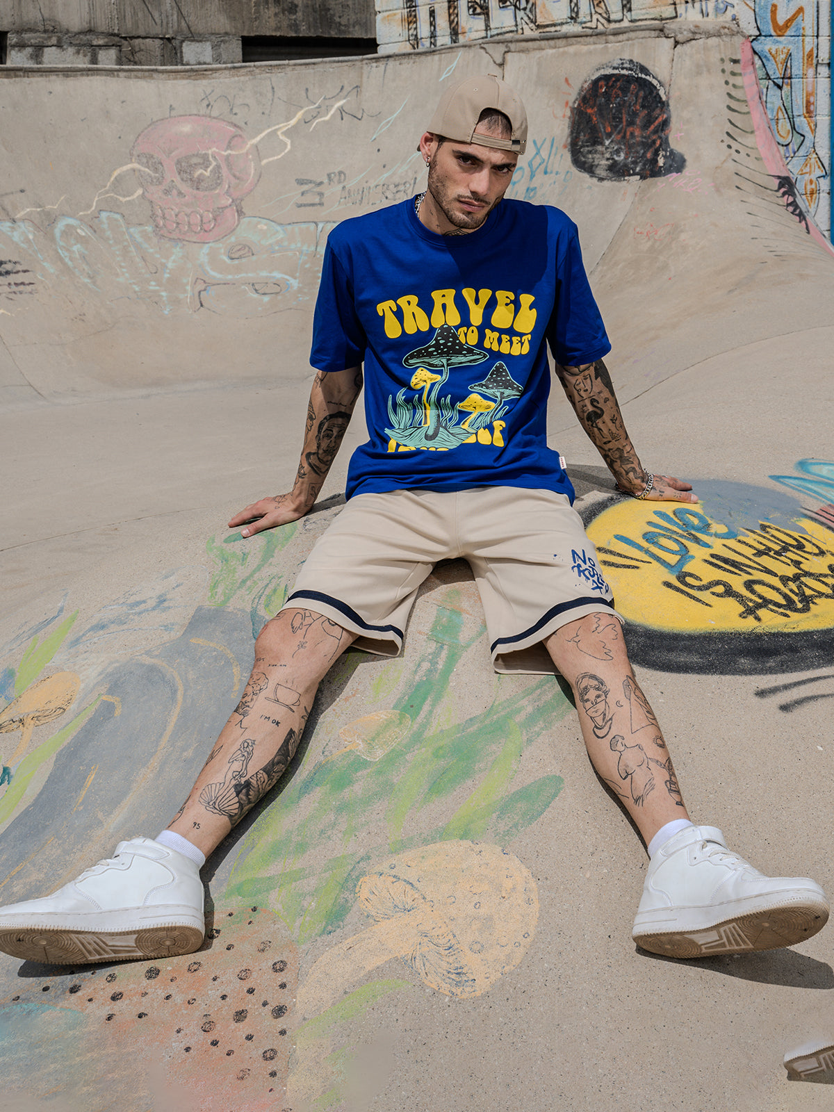 Travel Blue Oversized Chest Graphic Printed T-shirt
