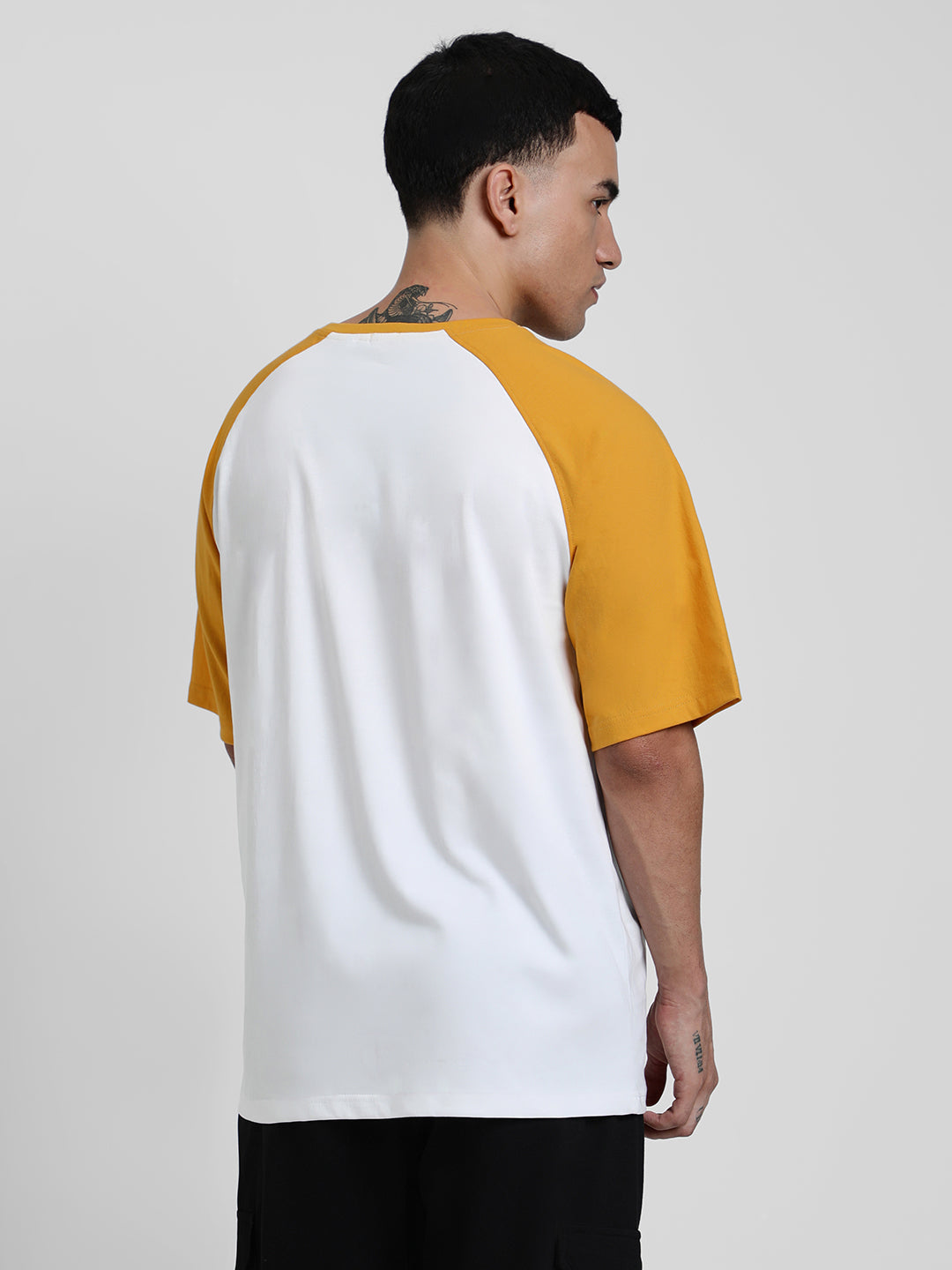 White-Yellow Raglan Oversized Typography Printed T-shirt