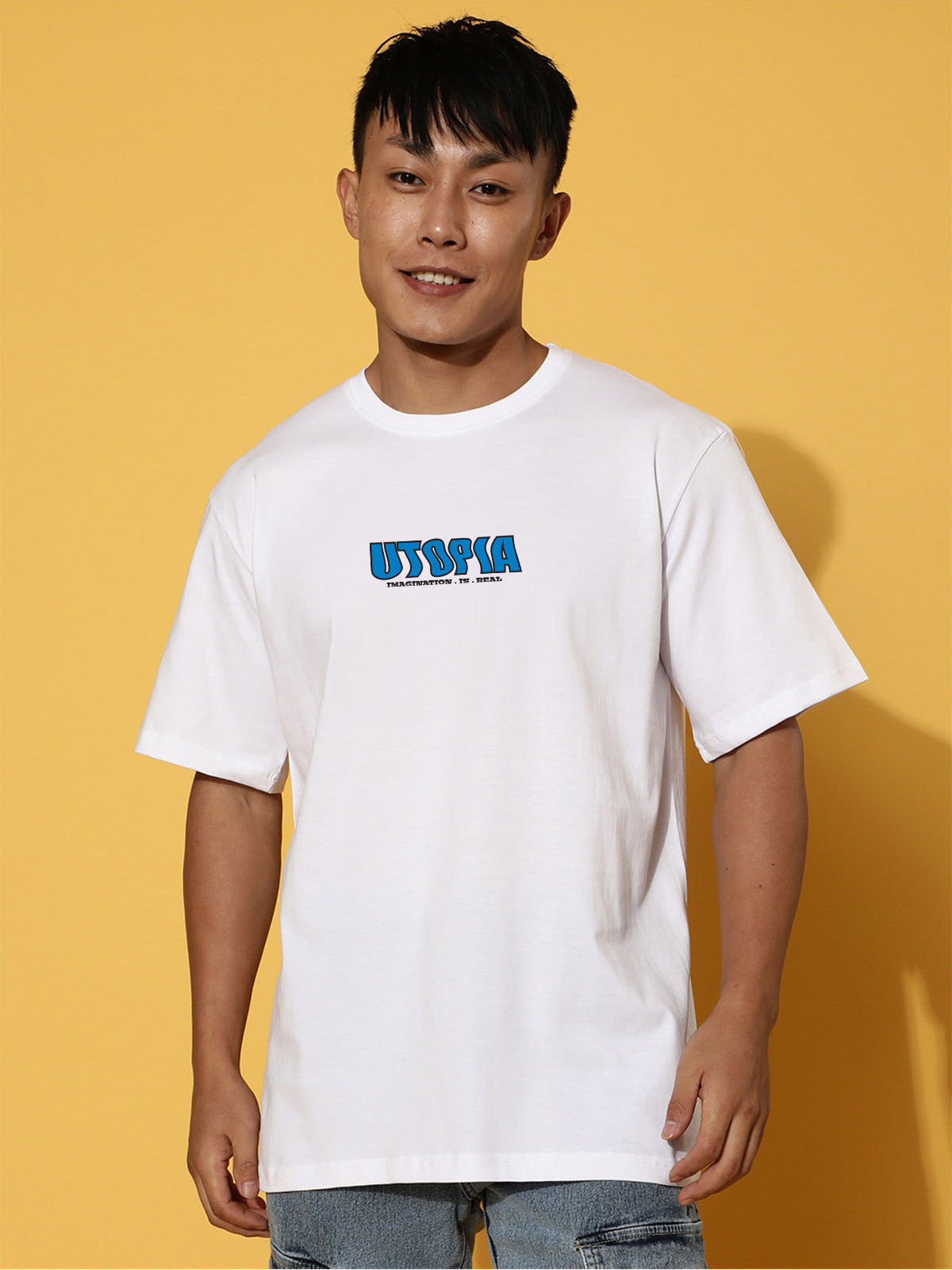 UTOPIA White Oversized Graphic Back Printed T-shirt
