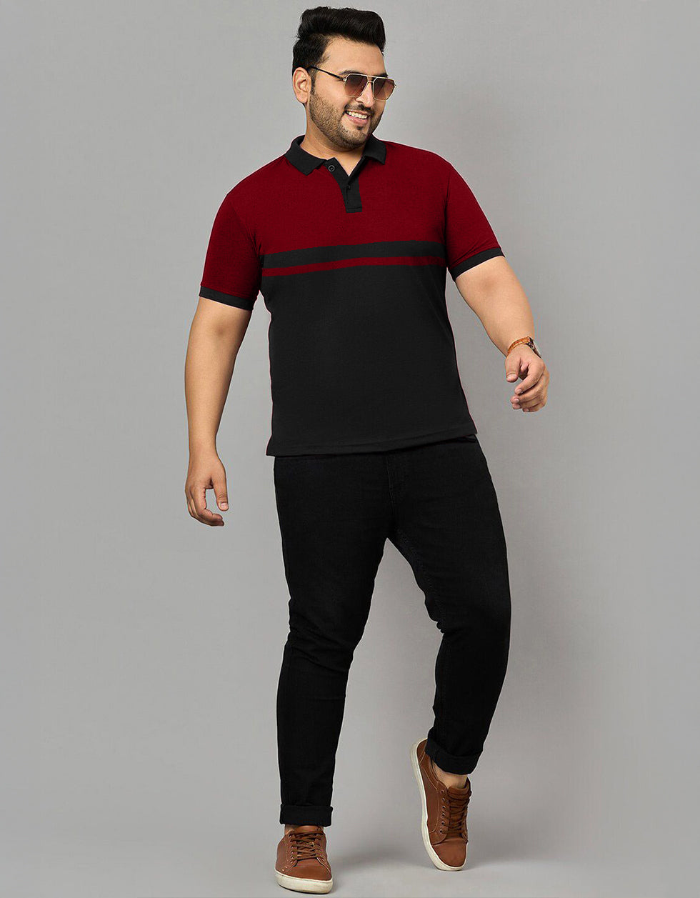 Maroon And Black Striped Plus Size Polo T-shirt