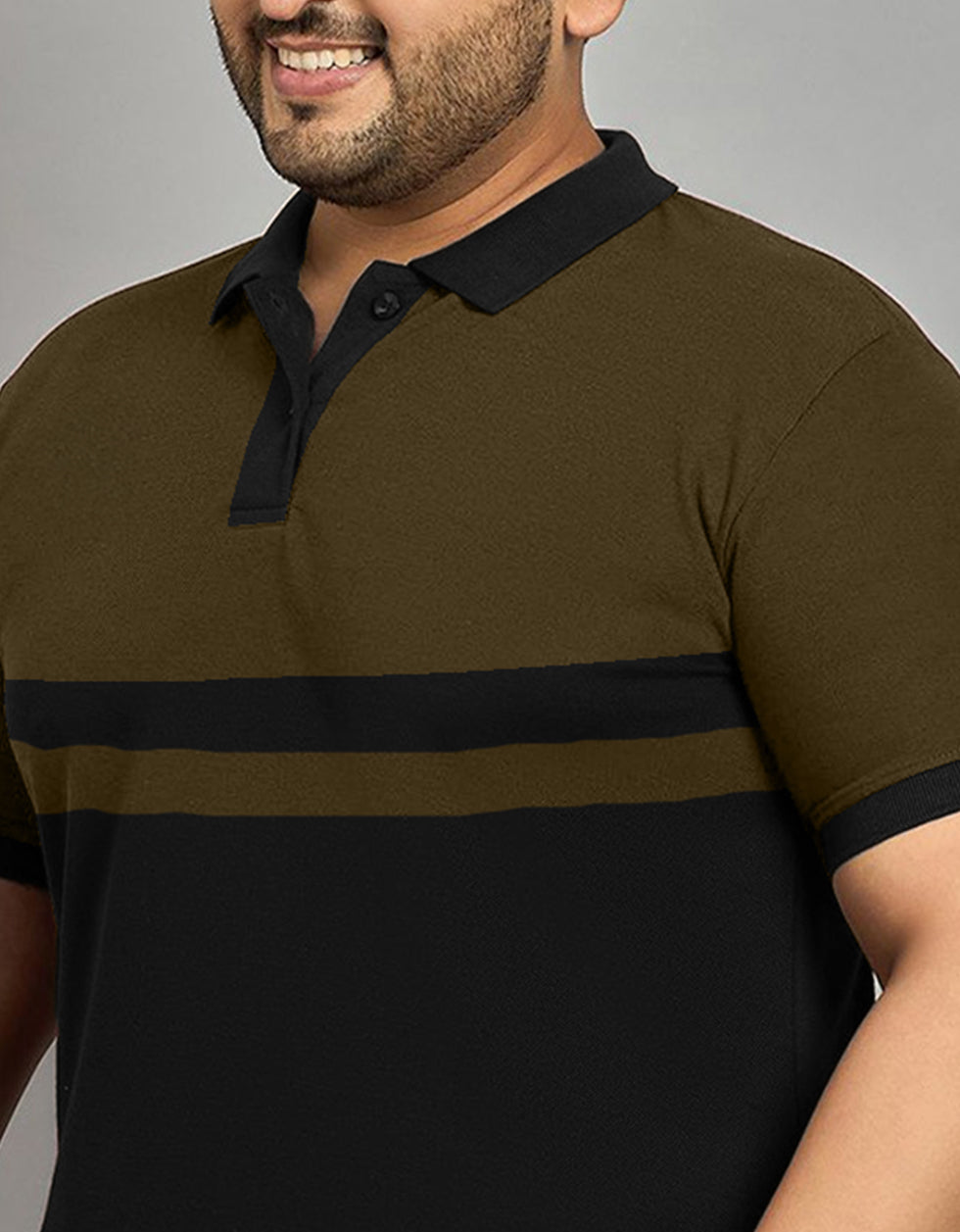 Olive And Black Striped Plus Size Polo T-shirt