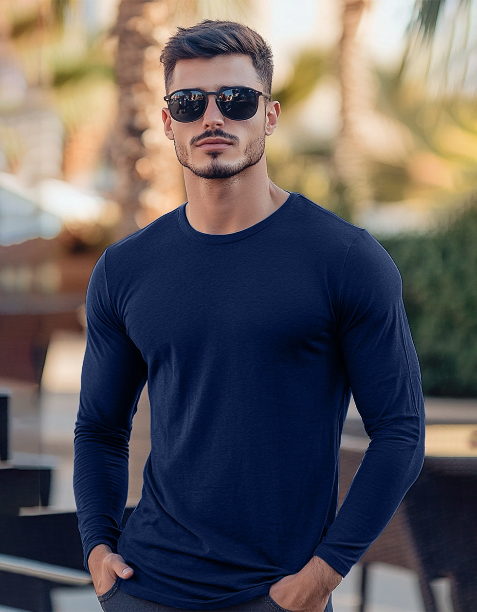Navy Blue Plain Full Sleeves Regular Fit T-shirt