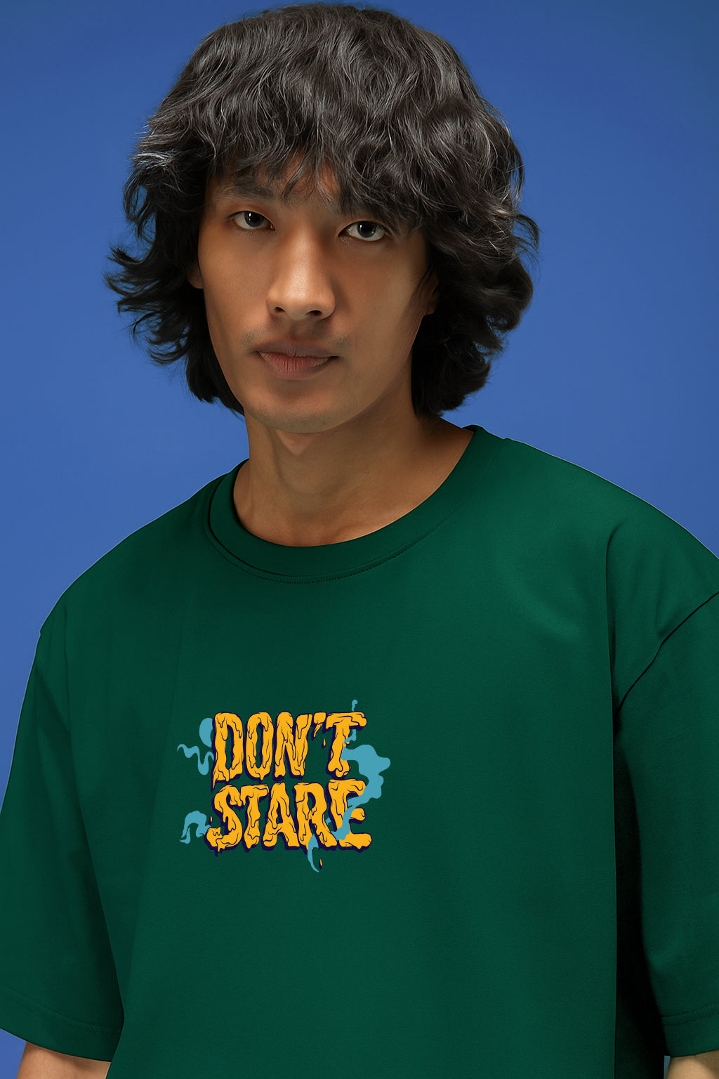 Don't Stare Green Oversized Puff Printed Exclusive T-shirt