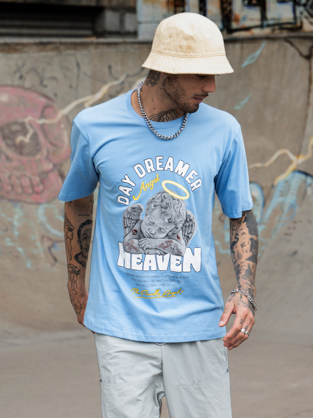 Heaven Blue Oversized Chest Graphic Printed Tshirt