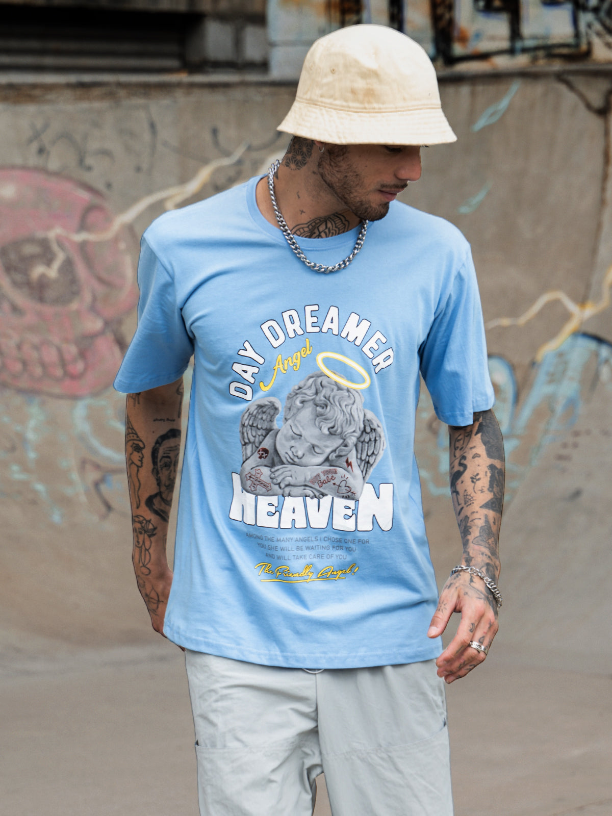 Heaven Blue Oversized Chest Graphic Printed T-shirt