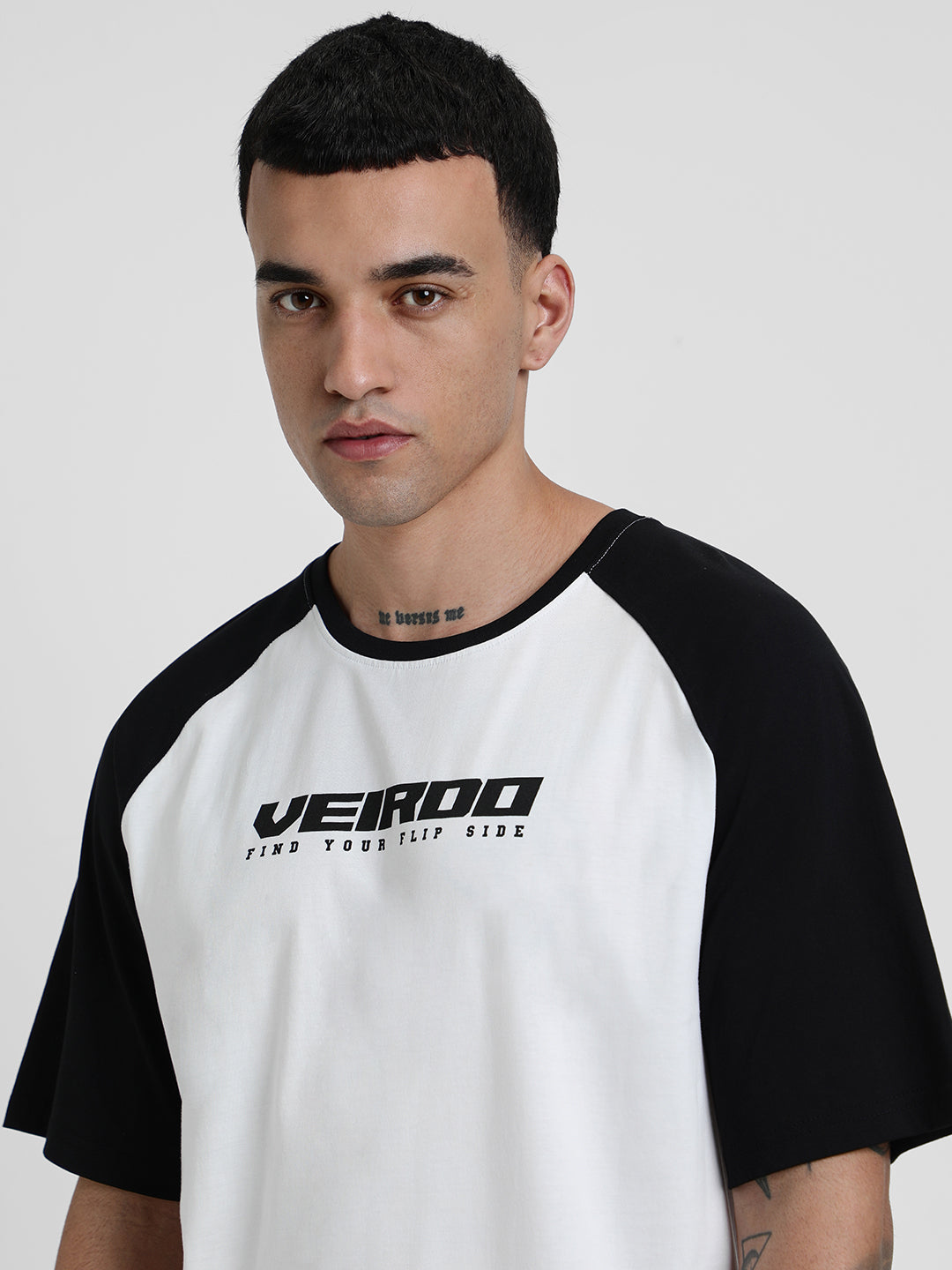 White-Black Raglan Oversized Typography Printed T-shirt