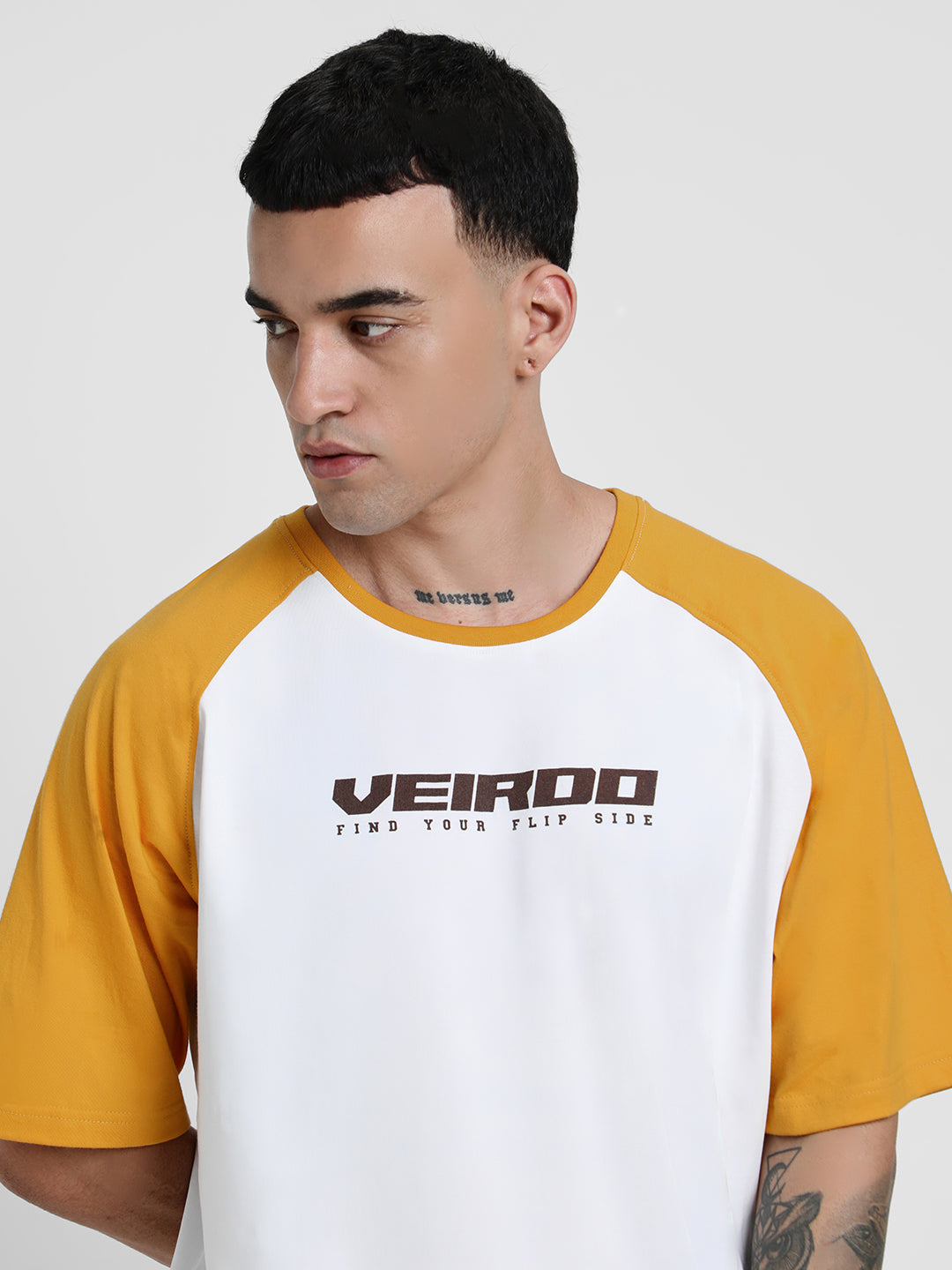 White-Yellow Raglan Oversized Typography Printed T-shirt