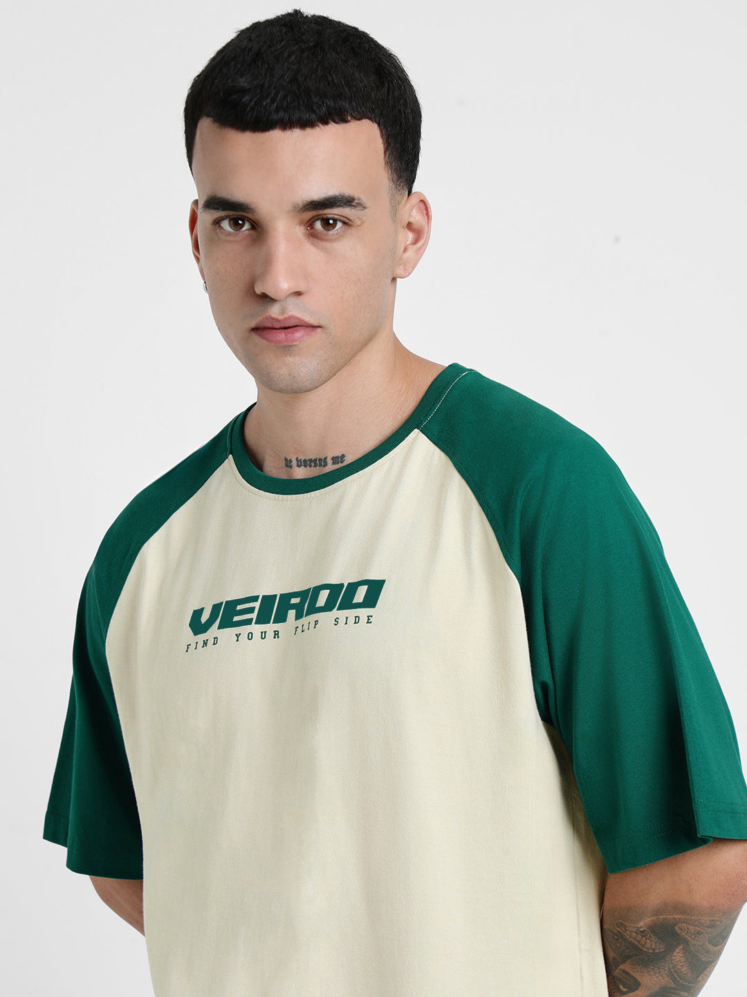 Swanwhite-Bottle Green Raglan Oversized Typography Printed T-shirt