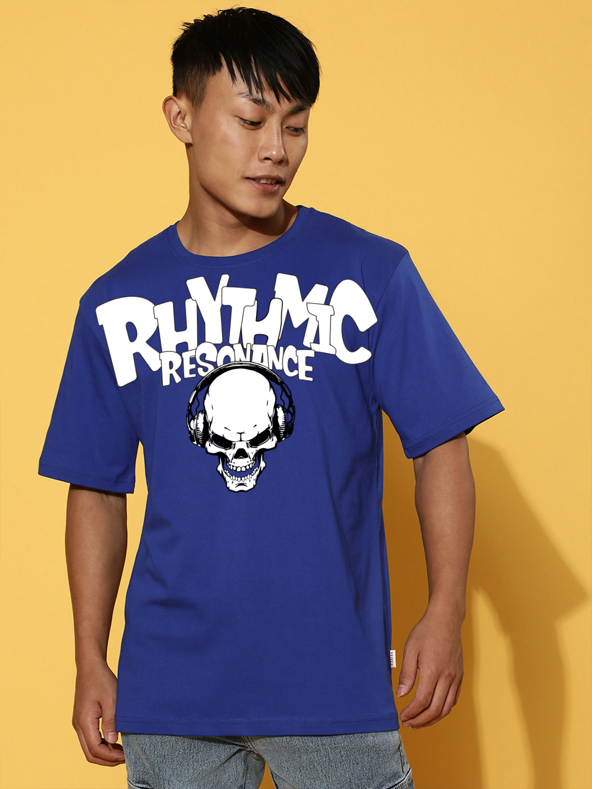 RHYTHMIC Royal Blue Oversized Typographic Front Printed T-shirt