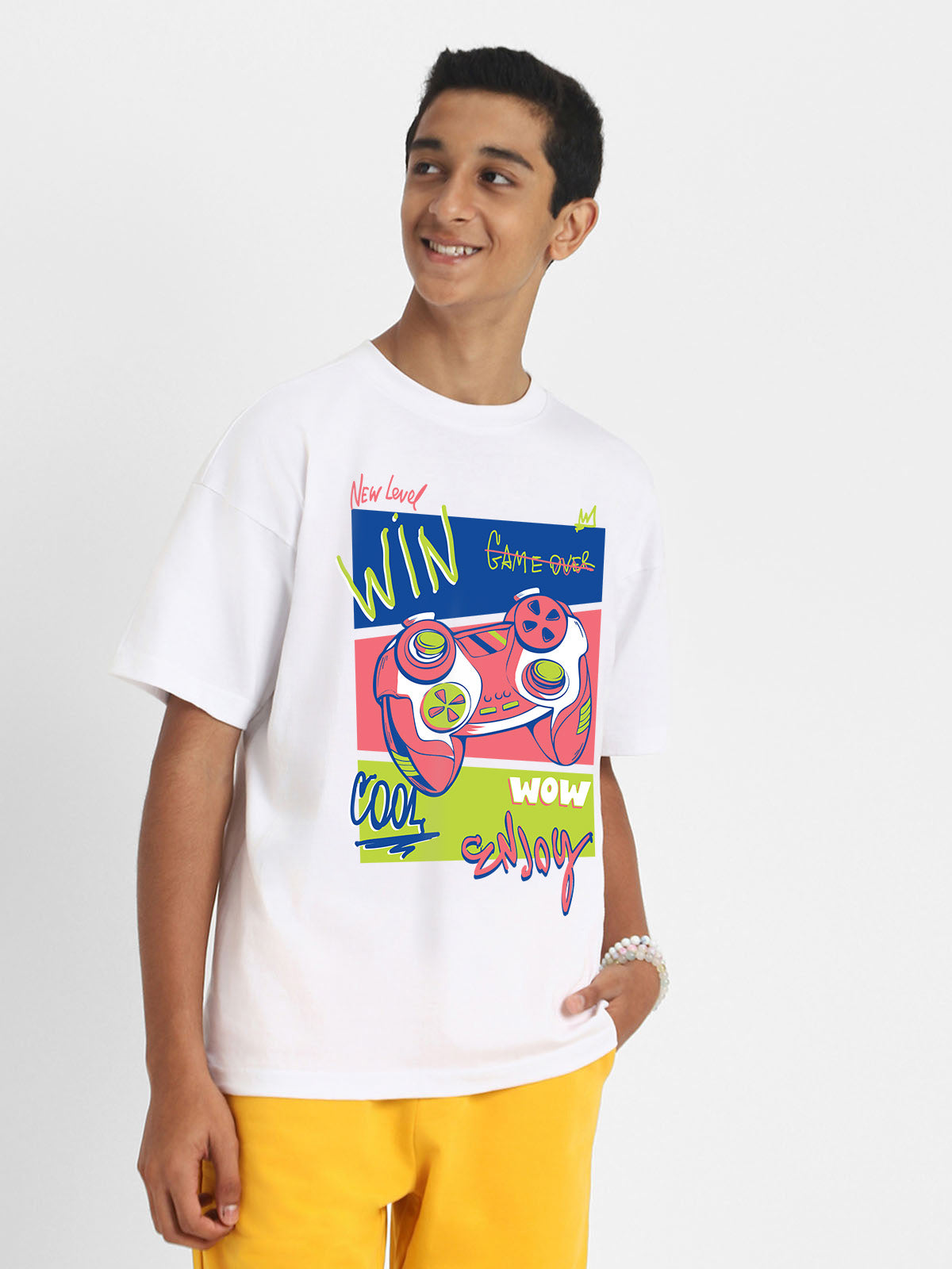 New Level Win White Oversized Graphic Printed Boys T-shirt