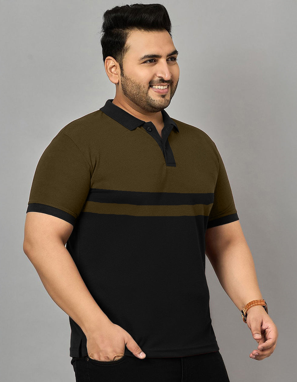 Olive And Black Striped Plus Size Polo T-shirt