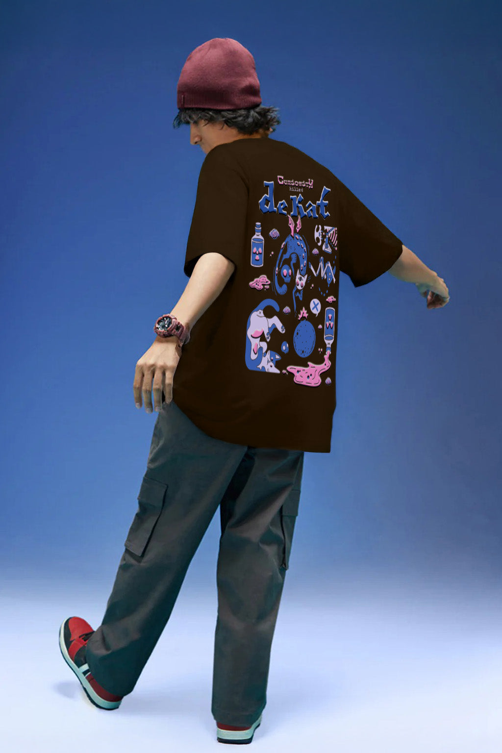 Curiosity Brown Oversized Puff Printed Exclusive T-shirt