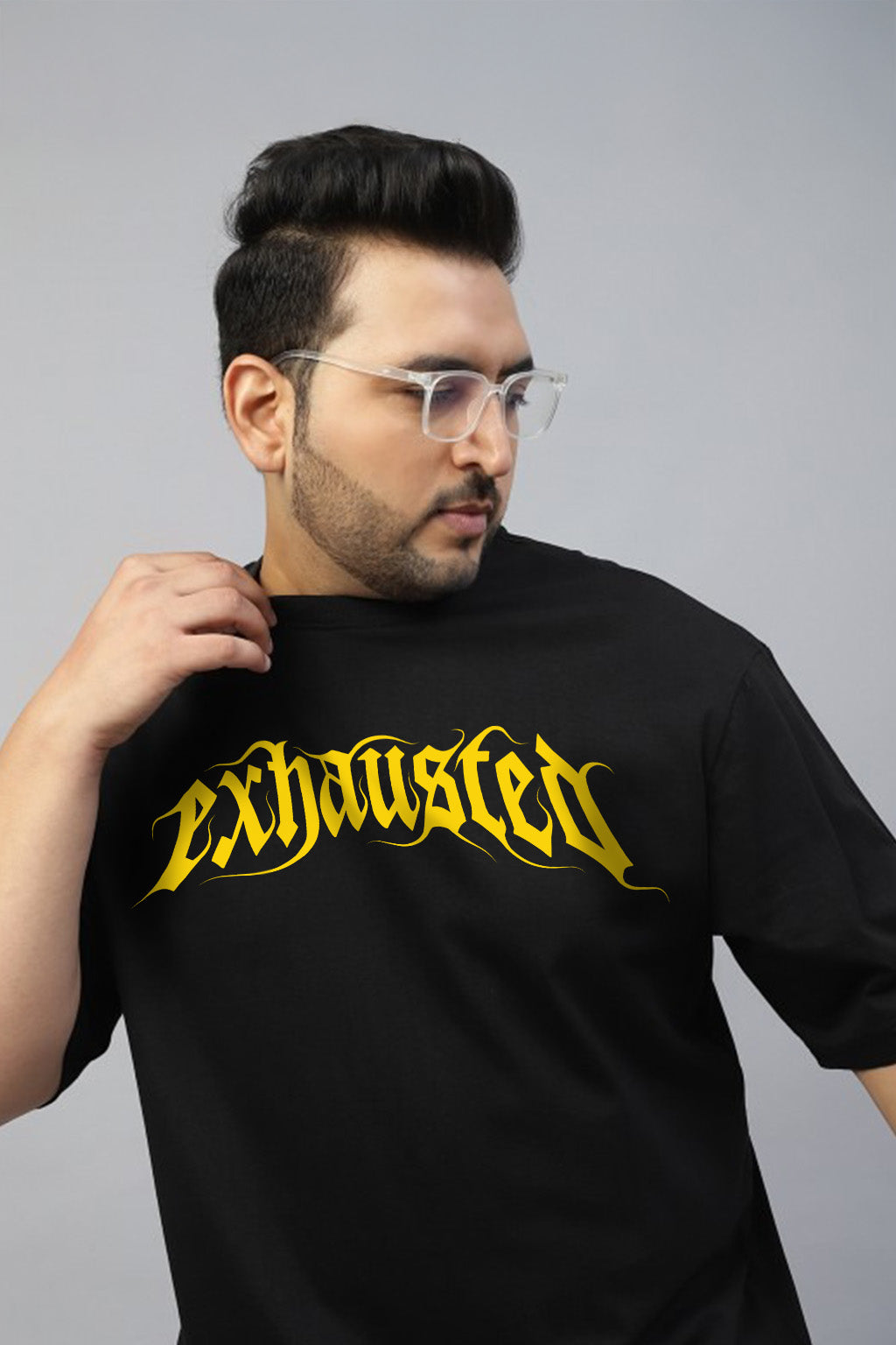 Exhausted Black Graphic Printed Plus Size T-shirt