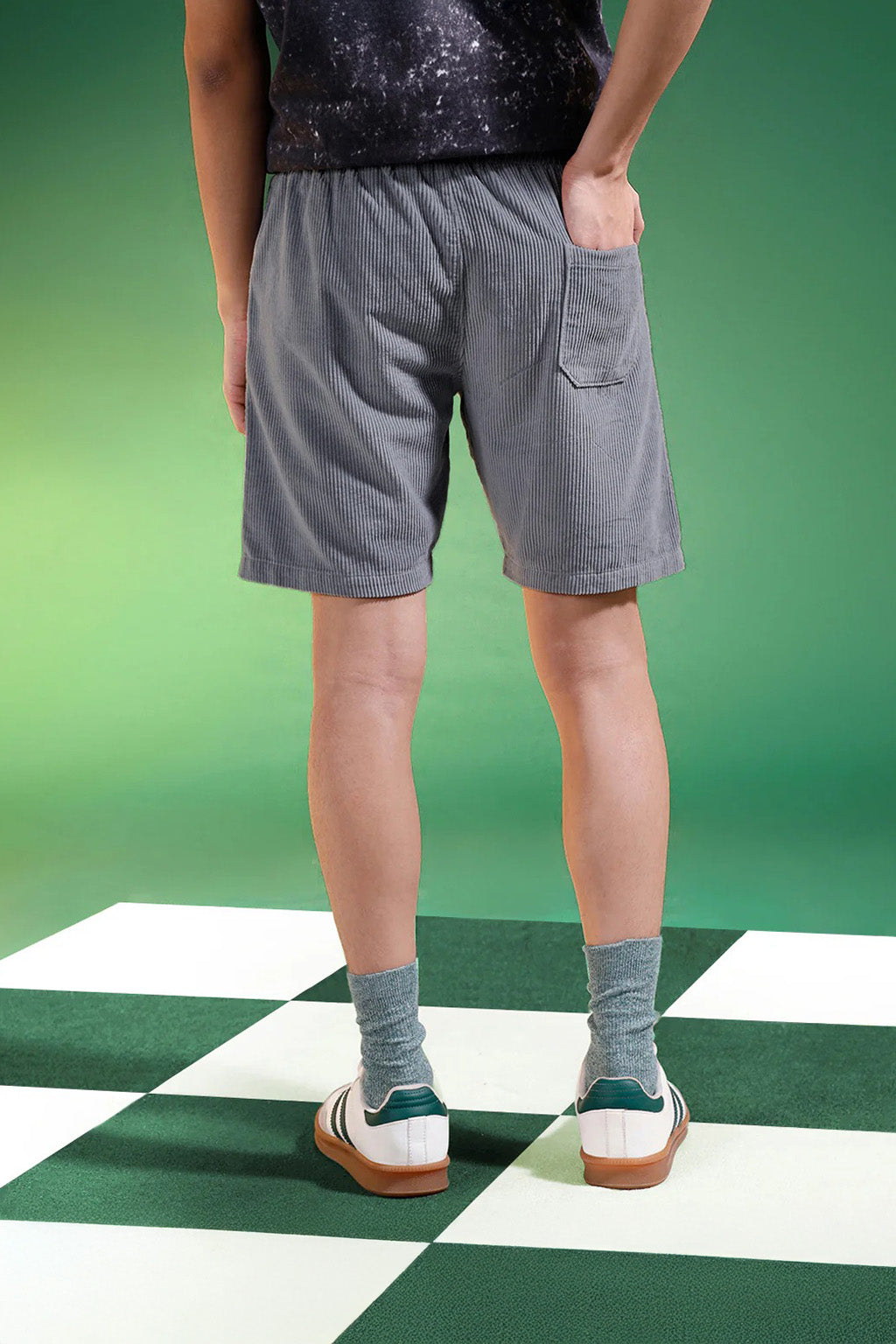Dark Grey Lining Pattern Plain Corduroy Shorts