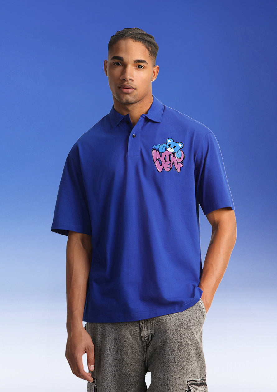 Introvert Blue Oversized Polo T-shirt