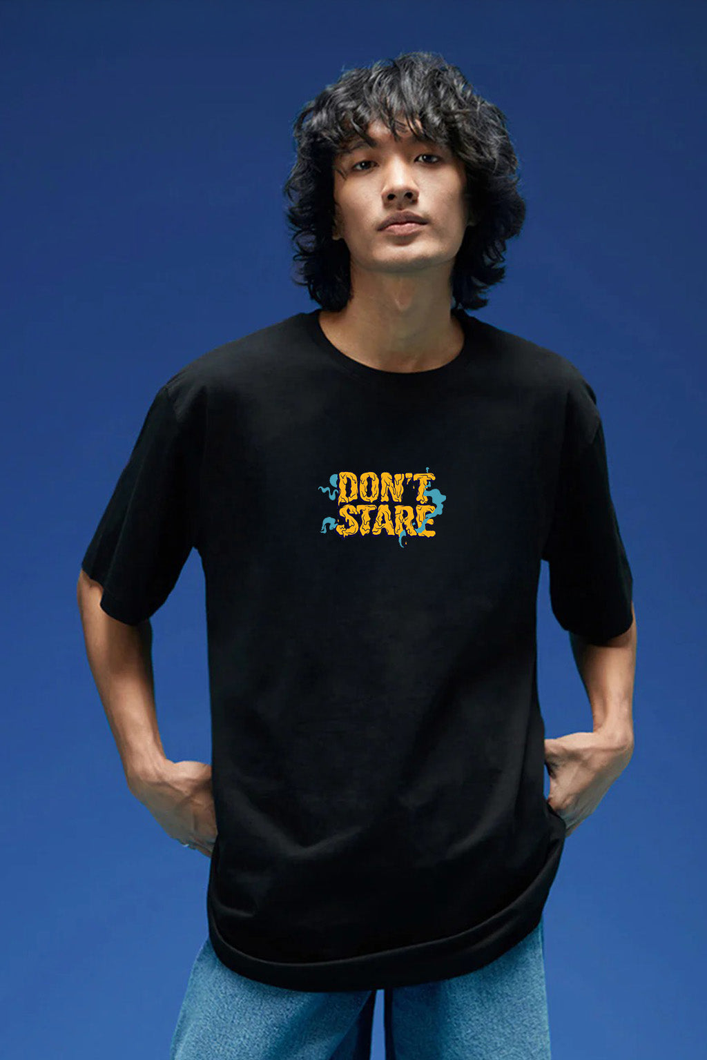 Don't Stare Black Oversized Graphic Printed Exclusive T-shirt