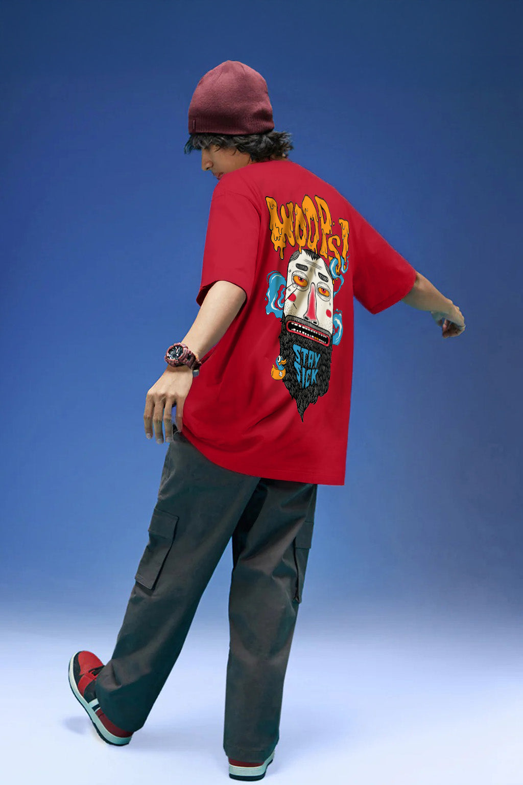 Stay Sick Red Oversized Puff Printed Exclusive T-shirt