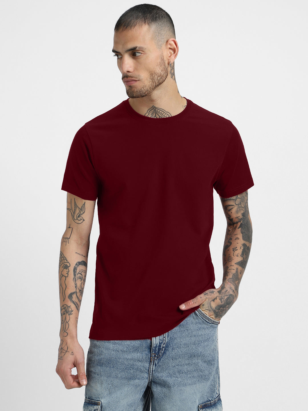 Maroon Plain Regular Fit T-shirt