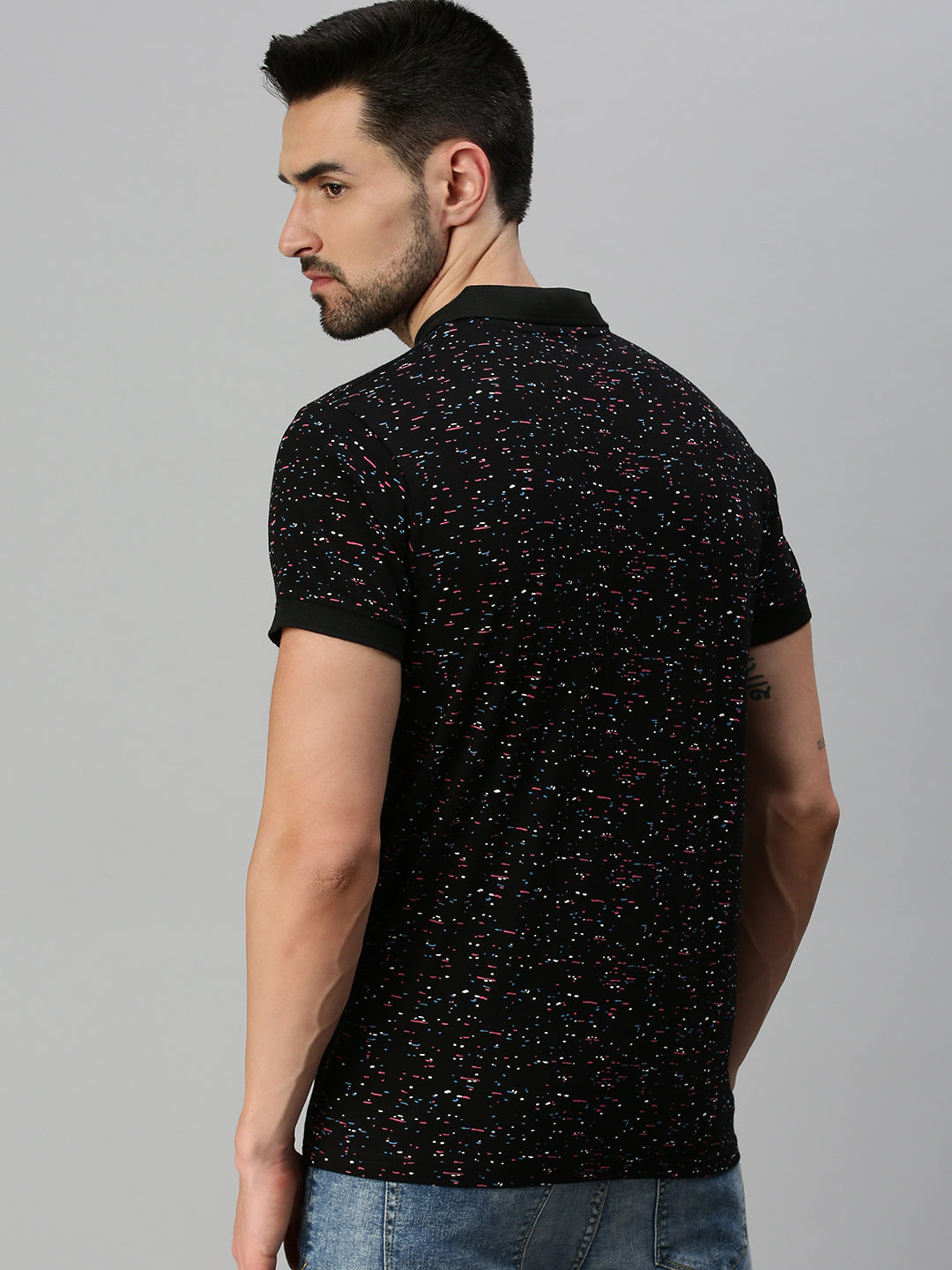 Black Printed Regular Fit Polo T-shirt