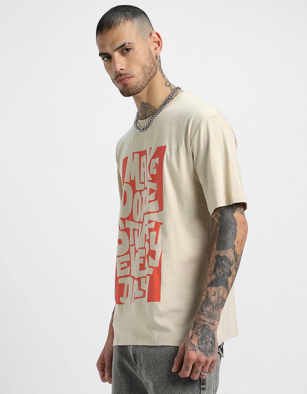 Dope Stuff Beige Oversized Front Graphic Printed T-shirt