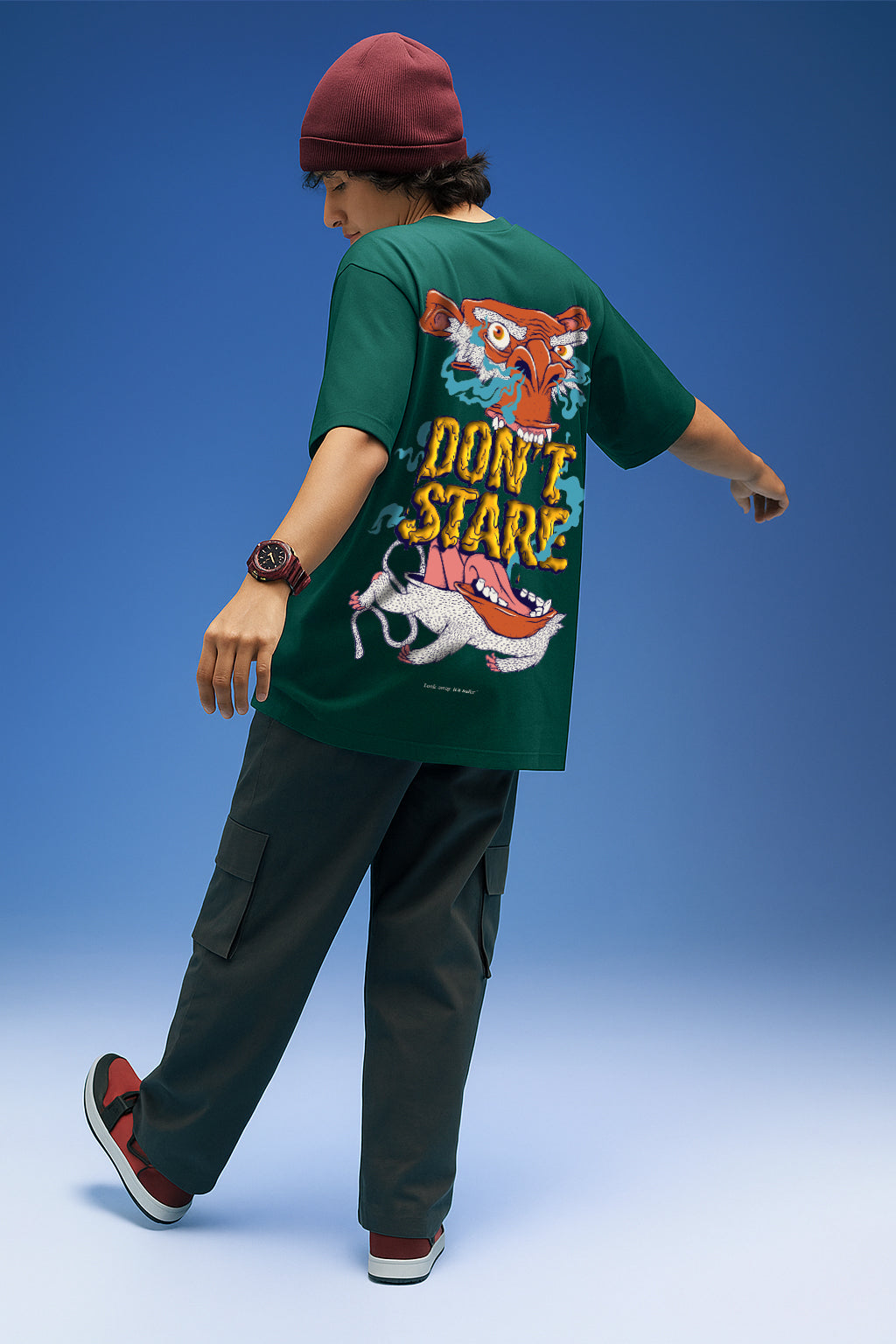 Don't Stare Green Oversized Puff Printed Exclusive T-shirt