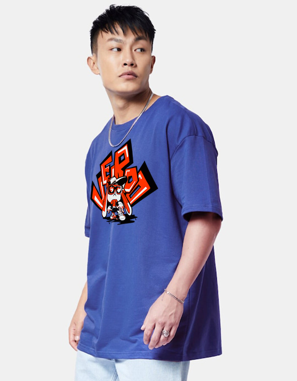 VEIRDO Blue Oversized Puff Printed T-shirt
