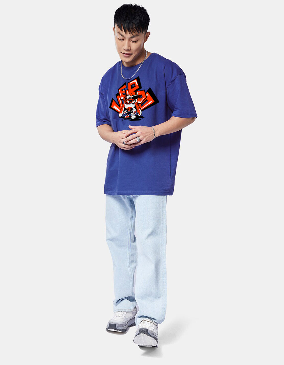 VEIRDO Blue Oversized Puff Printed T-shirt