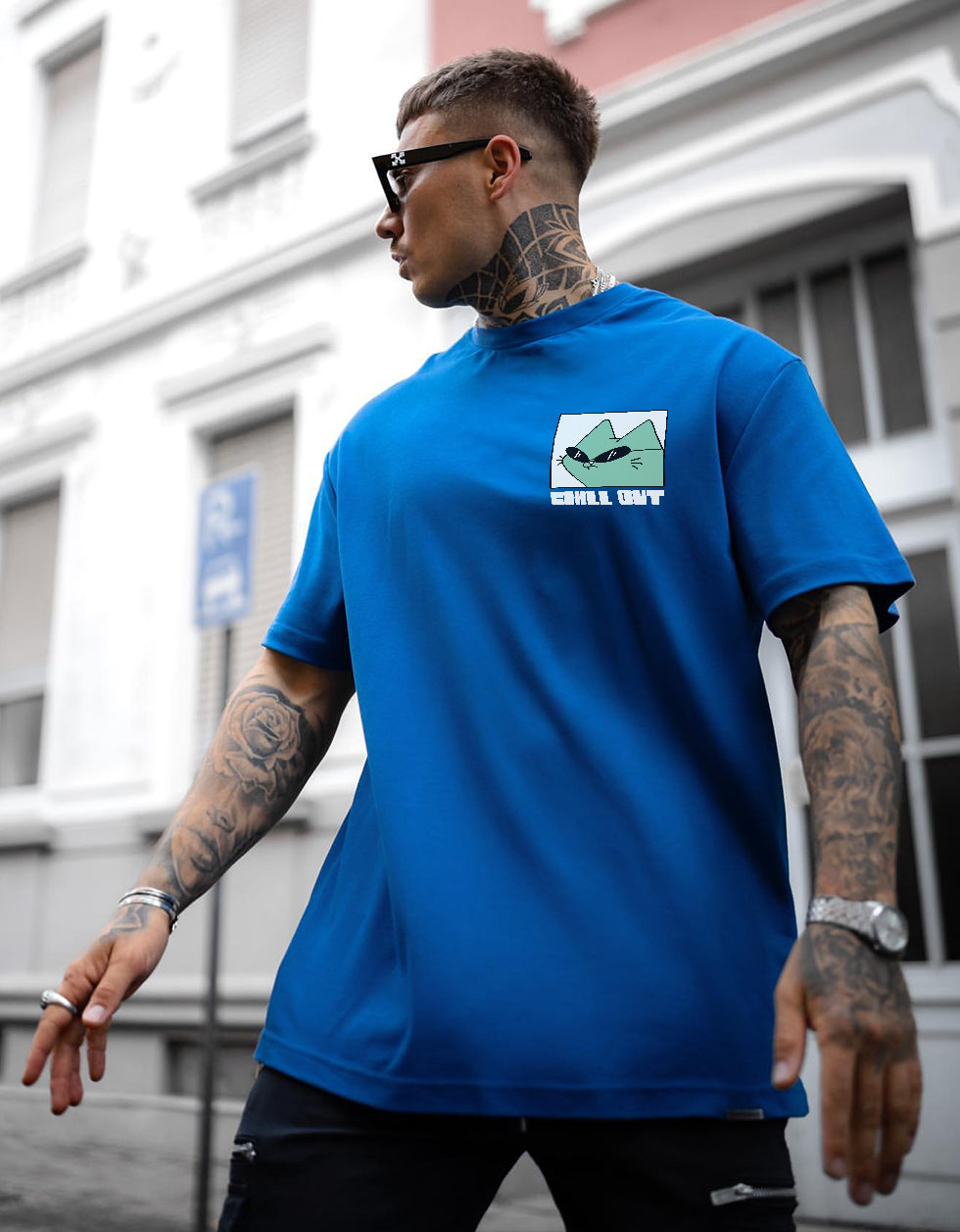 Chillout Blue Oversized Pocket Graphic Printed T-shirt