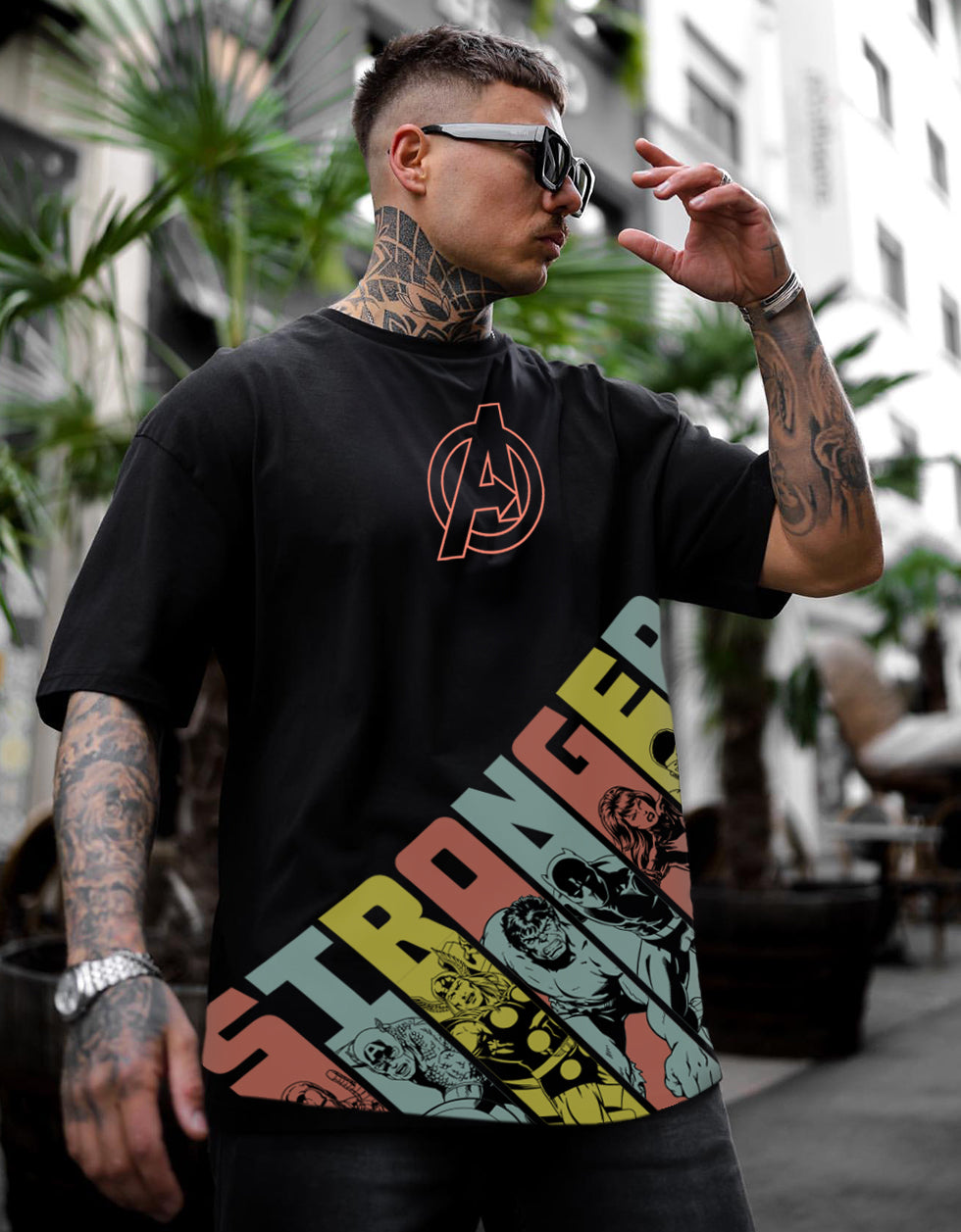 Strongest Avenger Black Oversized Front Graphic Printed T-shirt
